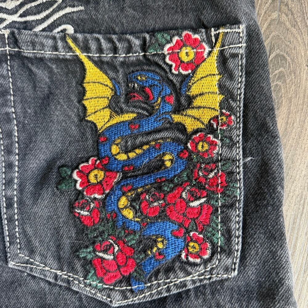 VTG Y2K Ninth Hall Idle Denim Jorts- Tattoo Embroidery Tiger Dragon Black Wms 4 - Picture 5 of 7